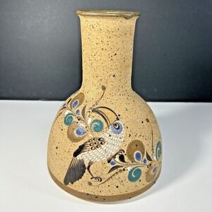 Vtg Signed Mexico Tonala Mexican Folk Art Sandstone Pottery Vase Bird Butterfly